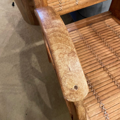 Wood Rattan Chair with Curved Arm Rest & Striped Pillow Seat Pad