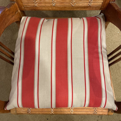 Wood Rattan Chair with Curved Arm Rest & Striped Pillow Seat Pad