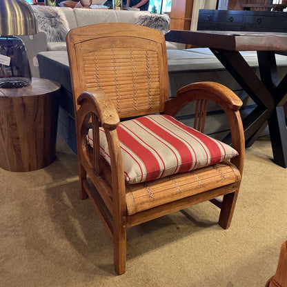 Wood Rattan Chair with Curved Arm Rest & Striped Pillow Seat Pad