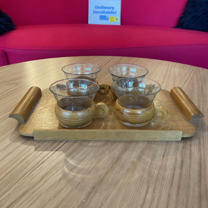 Wooden Tray with 4 Etched Glass Cups in Wood Holders SET