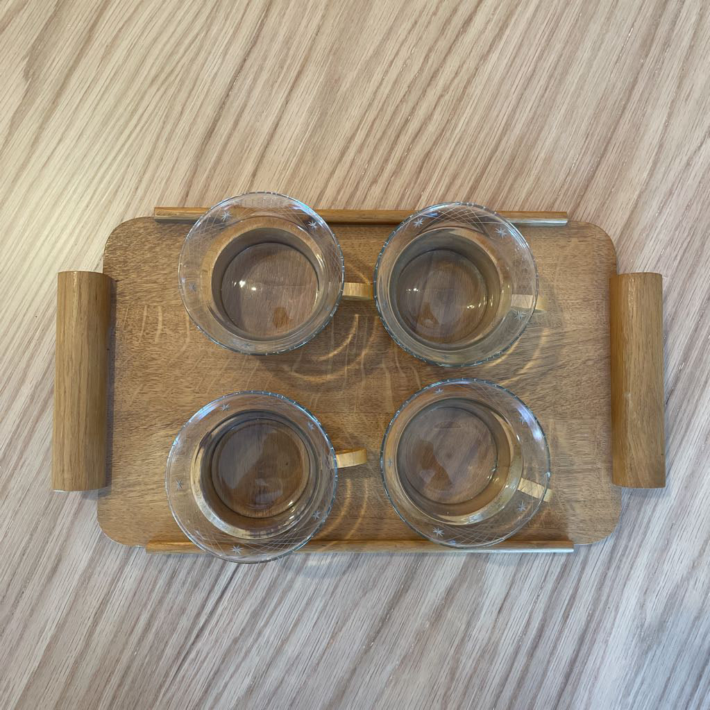 Wooden Tray with 3 Etched Glass Cups in Wood Holders SET