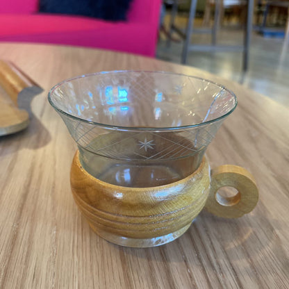 Wooden Tray with 3 Etched Glass Cups in Wood Holders SET