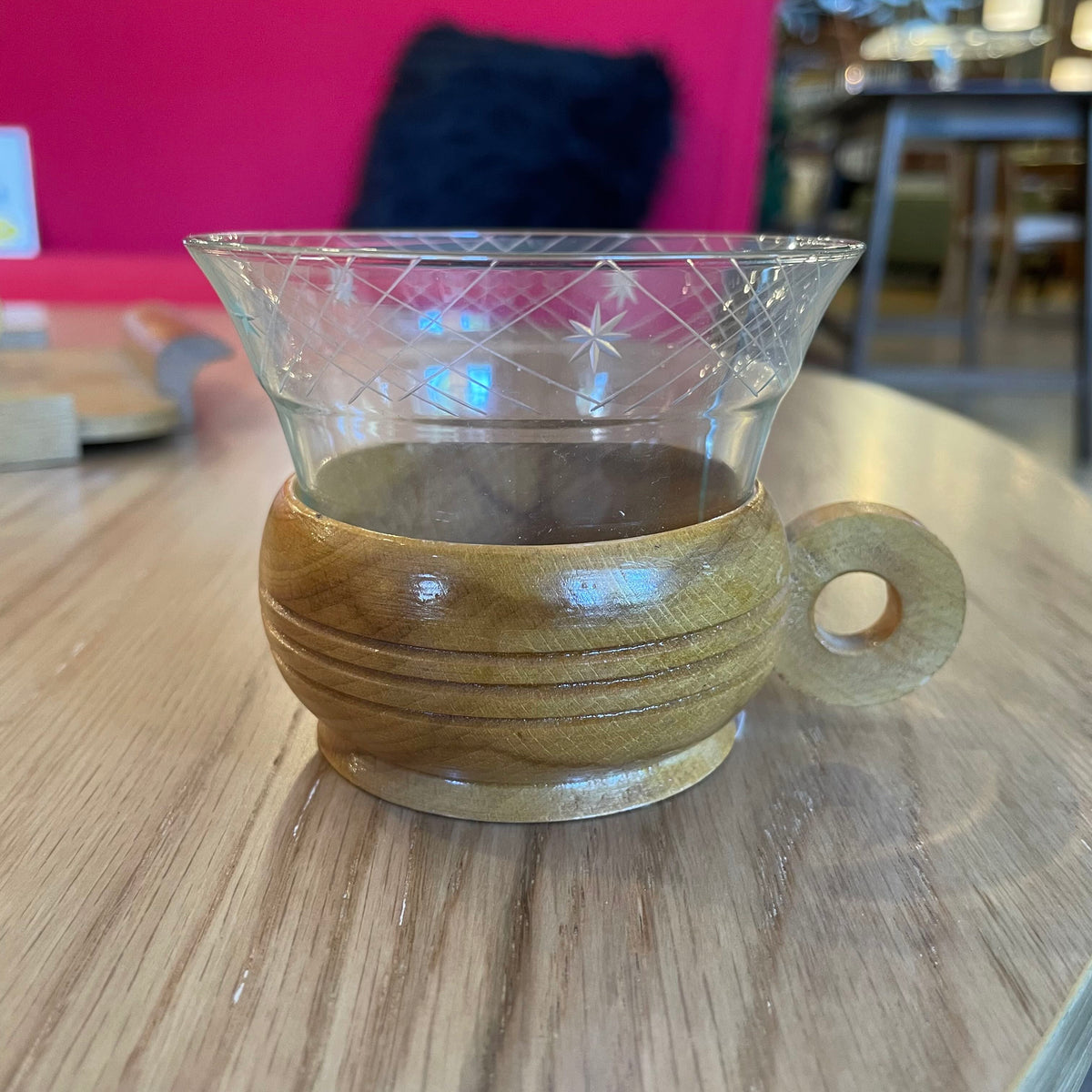 Wooden Tray with 3 Etched Glass Cups in Wood Holders SET