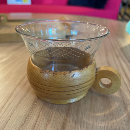 Wooden Tray with 3 Etched Glass Cups in Wood Holders SET