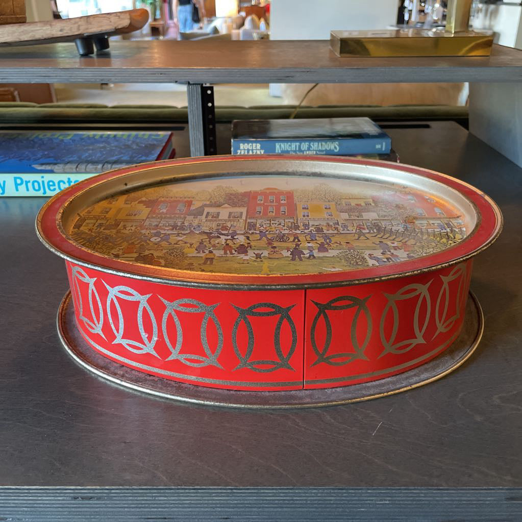 Oval Large Biscuit Tin with Village Scene on Lid UNIQUE FINDS