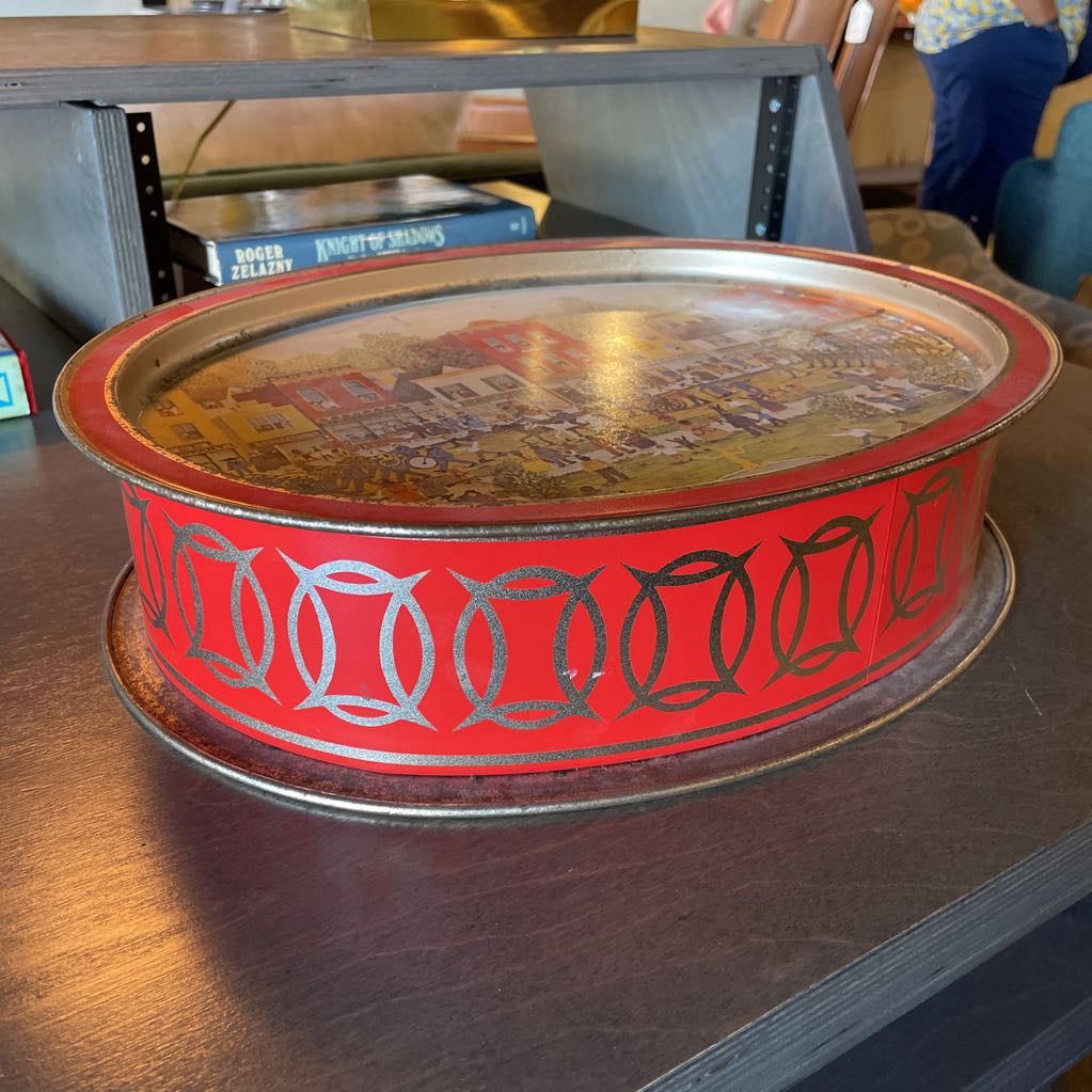 Oval Large Biscuit Tin with Village Scene on Lid UNIQUE FINDS