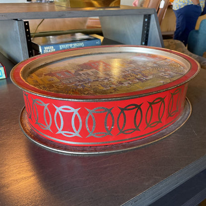 Oval Large Biscuit Tin with Village Scene on Lid UNIQUE FINDS