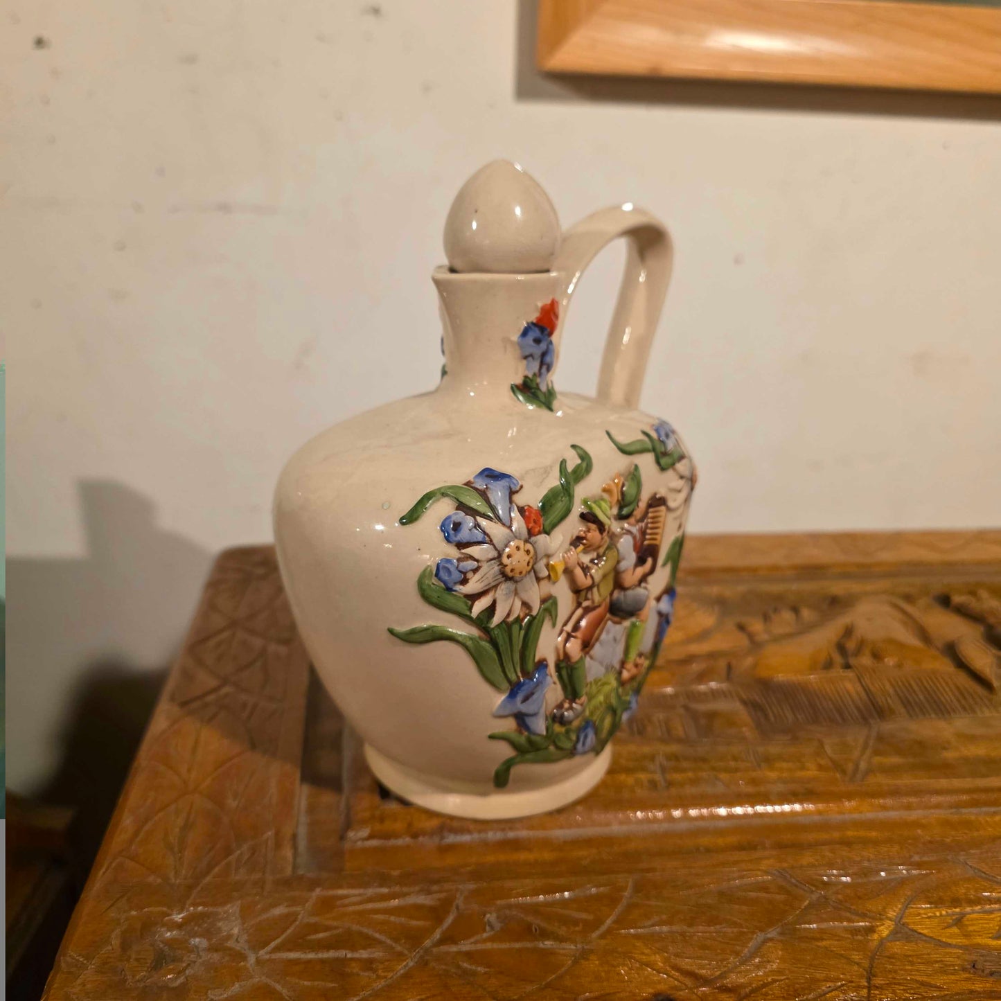 Heart-Shaped Alpine Flowers & Folk Musicians Decanter(Merkelbach?)
