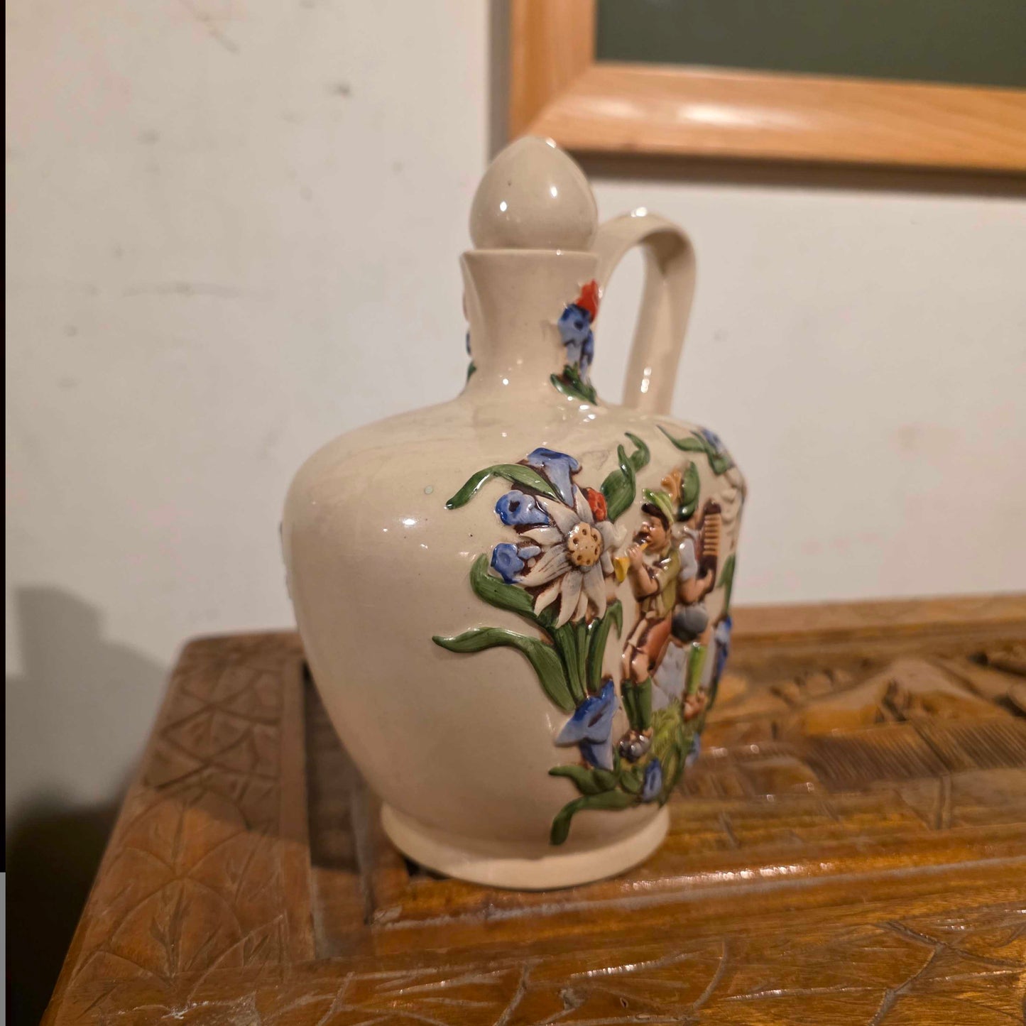 Heart-Shaped Alpine Flowers & Folk Musicians Decanter(Merkelbach?)