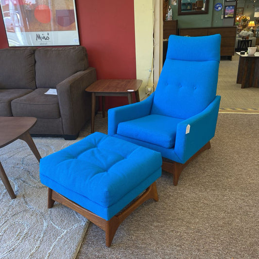 KROEHLER MCM Aqua Blue High Back Chair & Ottoman (AS IS)