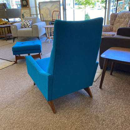 KROEHLER MCM Aqua Blue High Back Chair & Ottoman (AS IS)