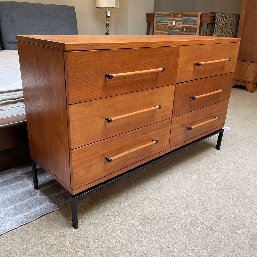 West Elm Walnut Finish 6 Drawer Lowboy w Long Wood Pulls