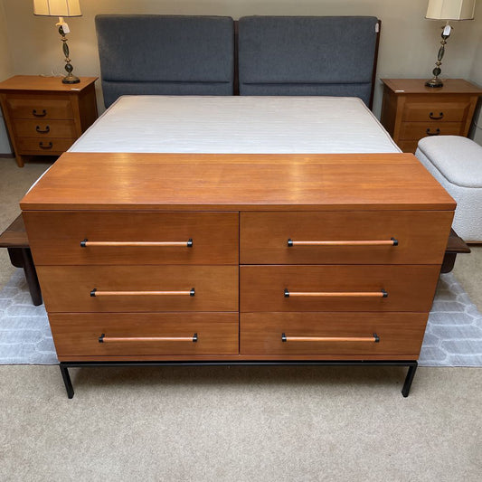 West Elm Walnut Finish 6 Drawer Lowboy w Long Wood Pulls