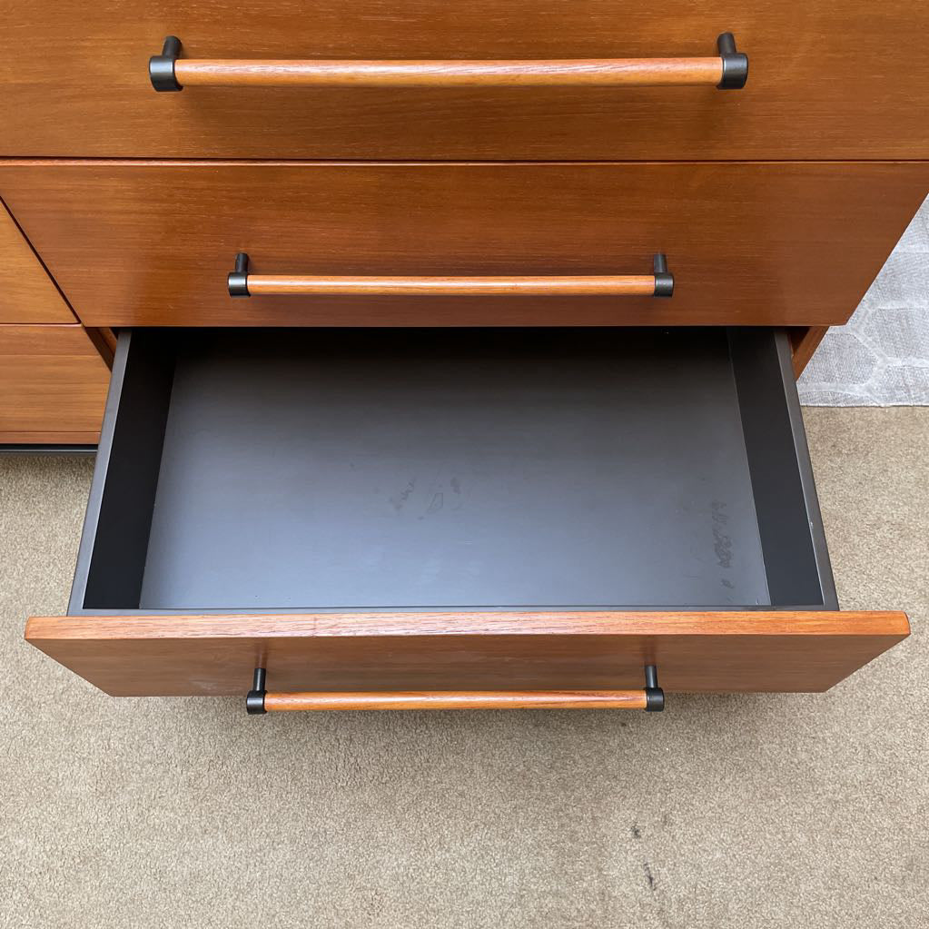West Elm Walnut Finish 6 Drawer Lowboy w Long Wood Pulls