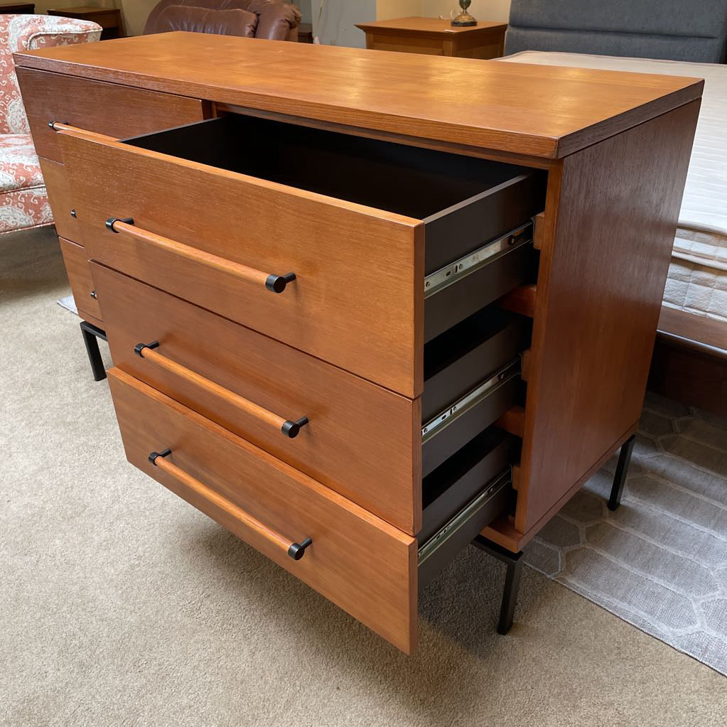 West Elm Walnut Finish 6 Drawer Lowboy w Long Wood Pulls