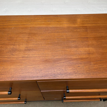 West Elm Walnut Finish 6 Drawer Lowboy w Long Wood Pulls