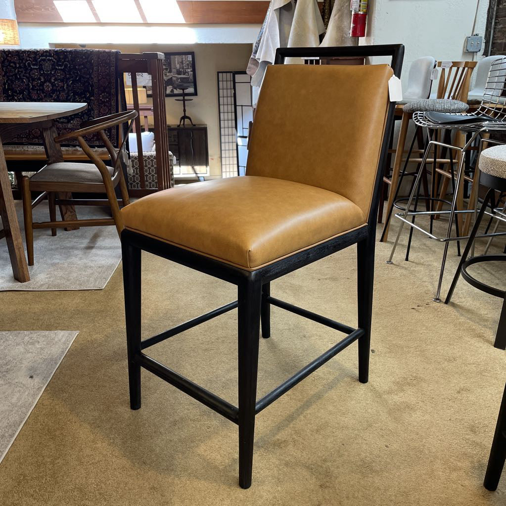 Large Tan Leather Black Wood Frame Stool