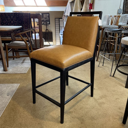 Large Tan Leather Black Wood Frame Stool