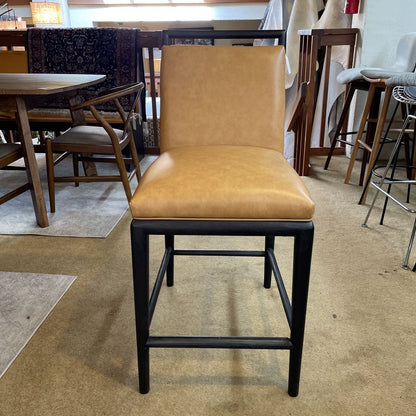 Large Tan Leather Black Wood Frame Stool