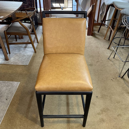 Large Tan Leather Black Wood Frame Stool