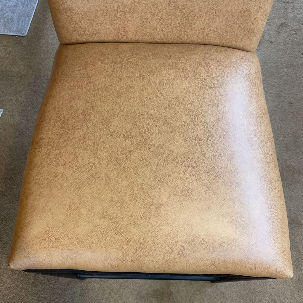 Large Tan Leather Black Wood Frame Stool