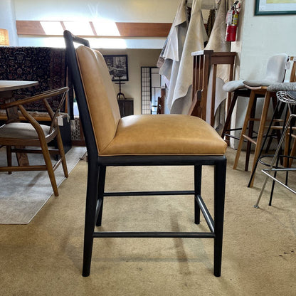 Large Tan Leather Black Wood Frame Stool