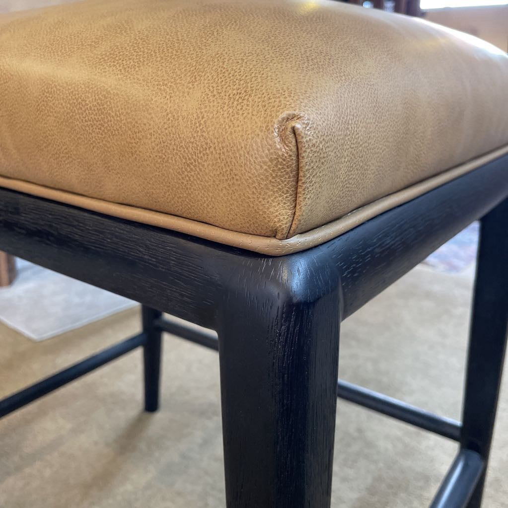 Large Tan Leather Black Wood Frame Stool