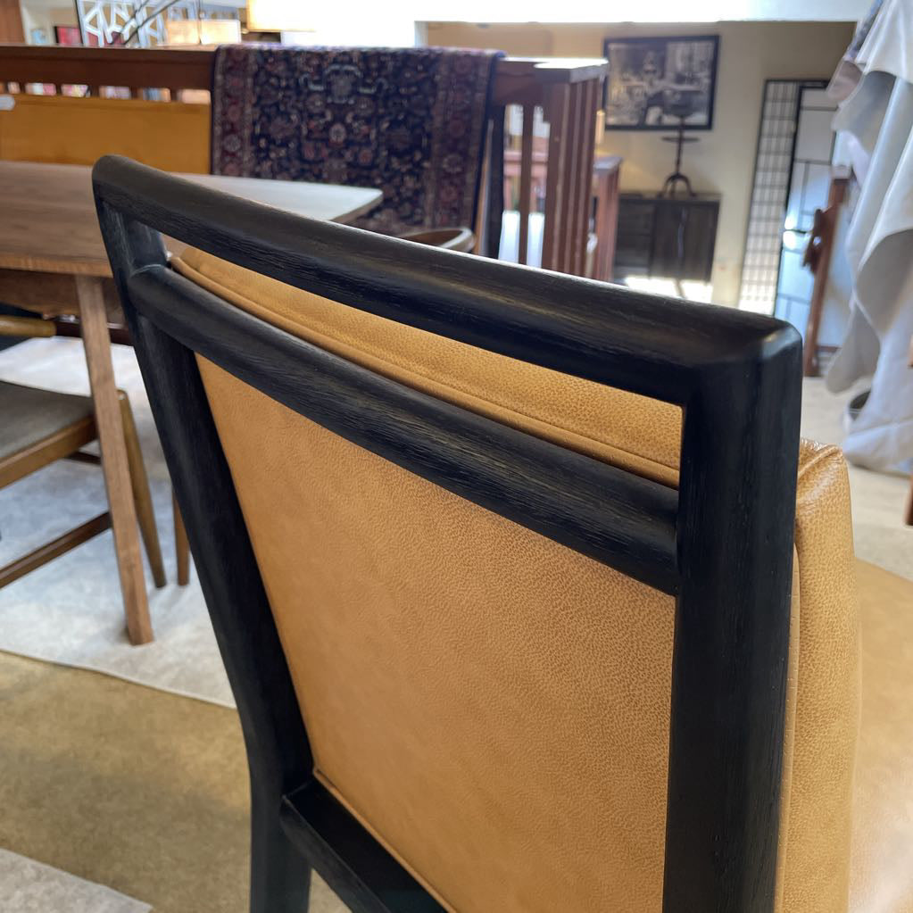 Large Tan Leather Black Wood Frame Stool