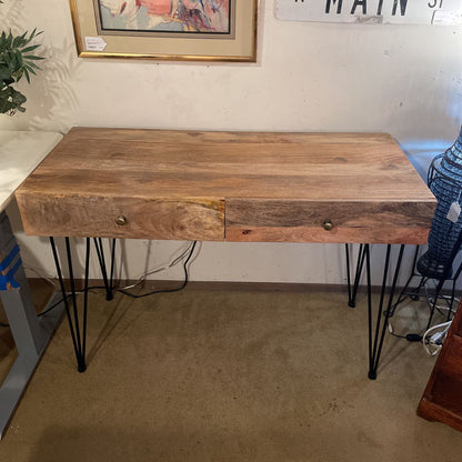 Fruitwood 2 Drawer Desk with Metal Pin Legs
