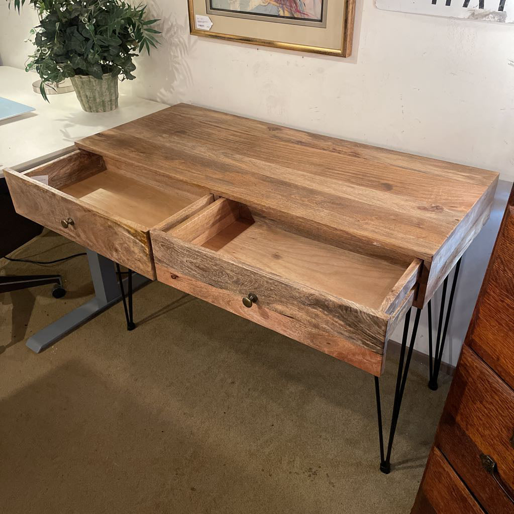 Fruitwood 2 Drawer Desk with Metal Pin Legs