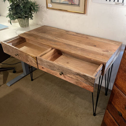 Fruitwood 2 Drawer Desk with Metal Pin Legs