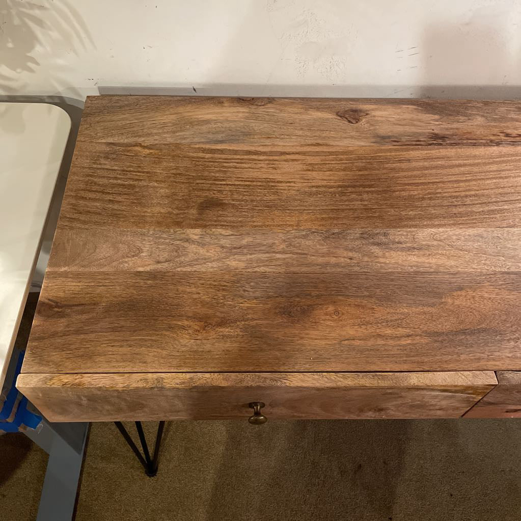 Fruitwood 2 Drawer Desk with Metal Pin Legs