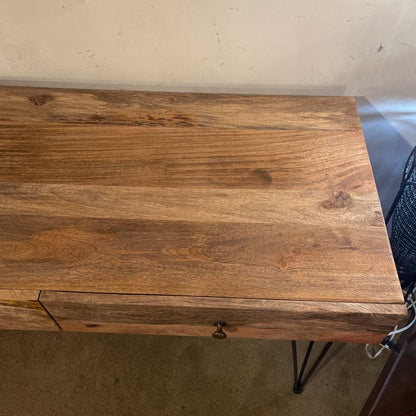 Fruitwood 2 Drawer Desk with Metal Pin Legs