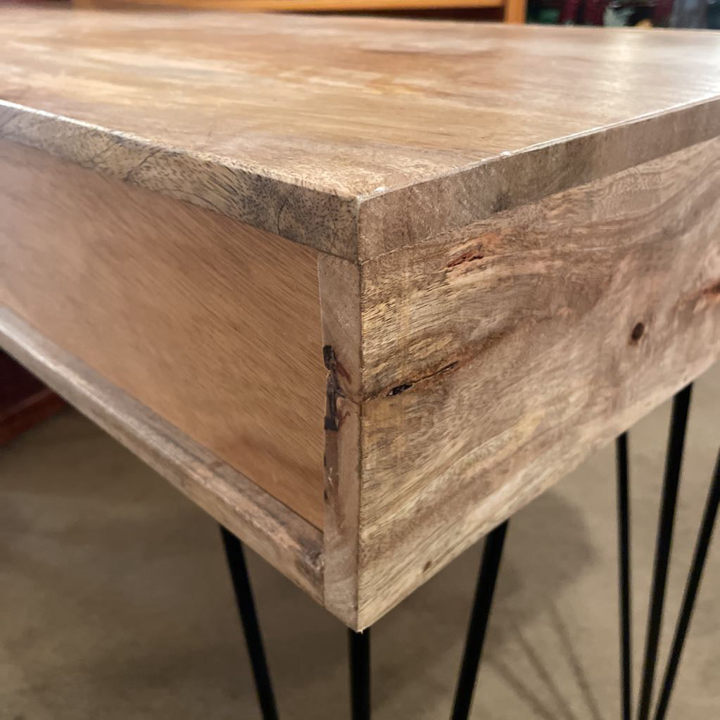 Fruitwood 2 Drawer Desk with Metal Pin Legs