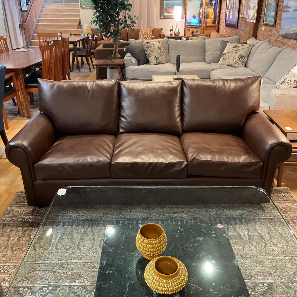Pottery Barn Chocolate Vegan Leather Rolled Arm Sofa