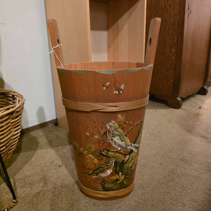 Spotted Thrushes in Autumn Foliage Wooden Bucket