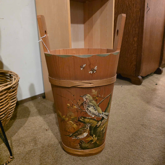 Spotted Thrushes in Autumn Foliage Wooden Bucket