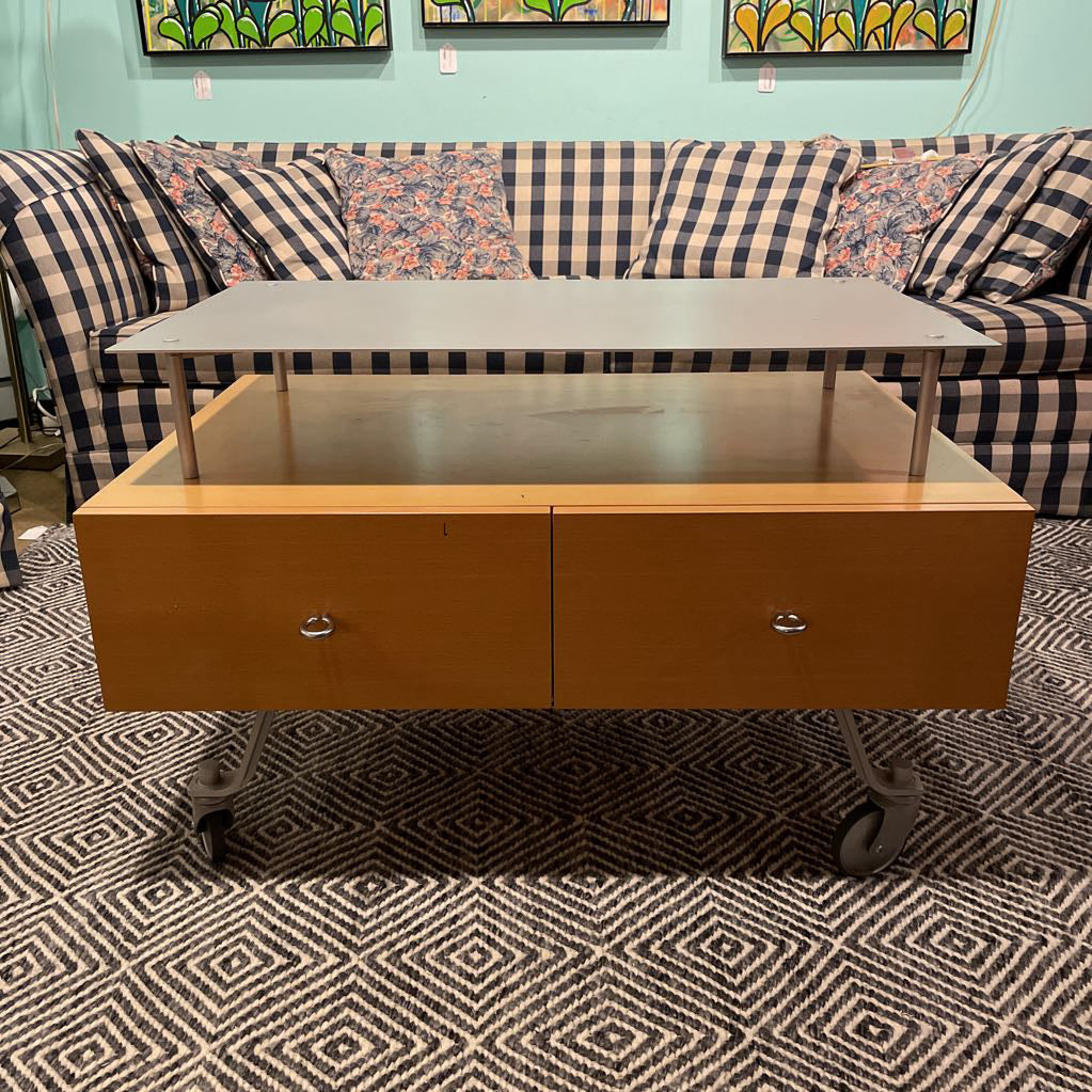 Modern Blondwood & Metal Rolling Media Table