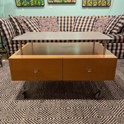 Modern Blondwood & Metal Rolling Media Table