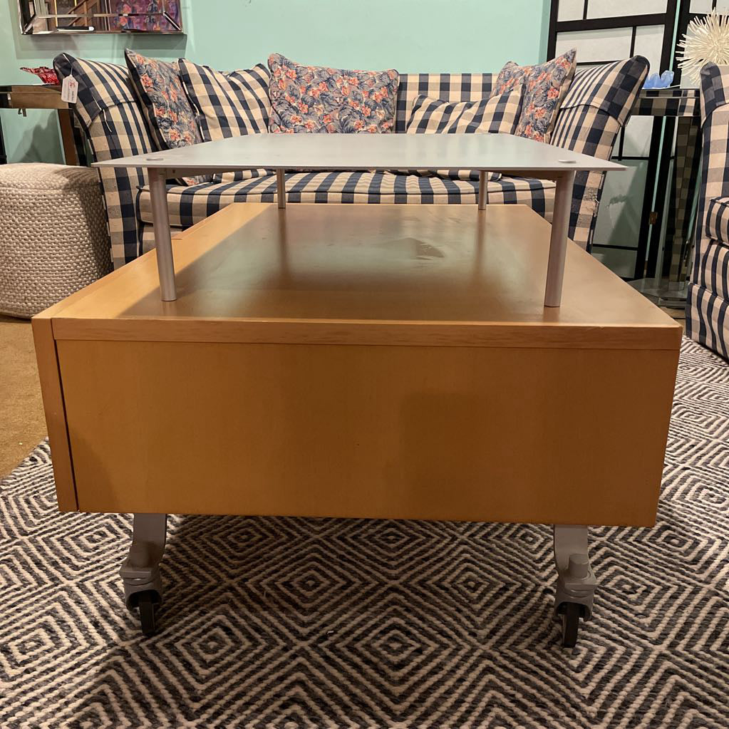 Modern Blondwood & Metal Rolling Media Table