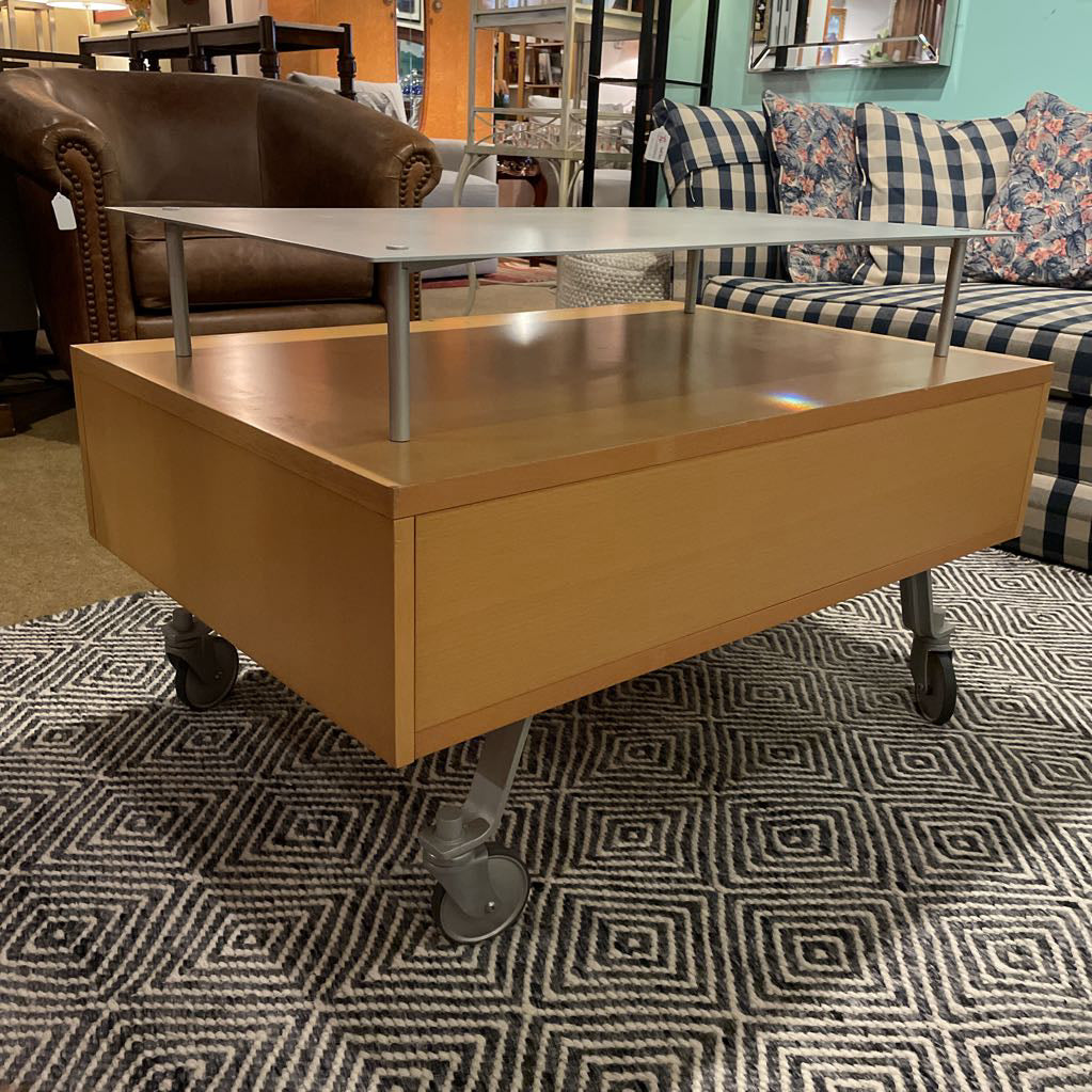Modern Blondwood & Metal Rolling Media Table