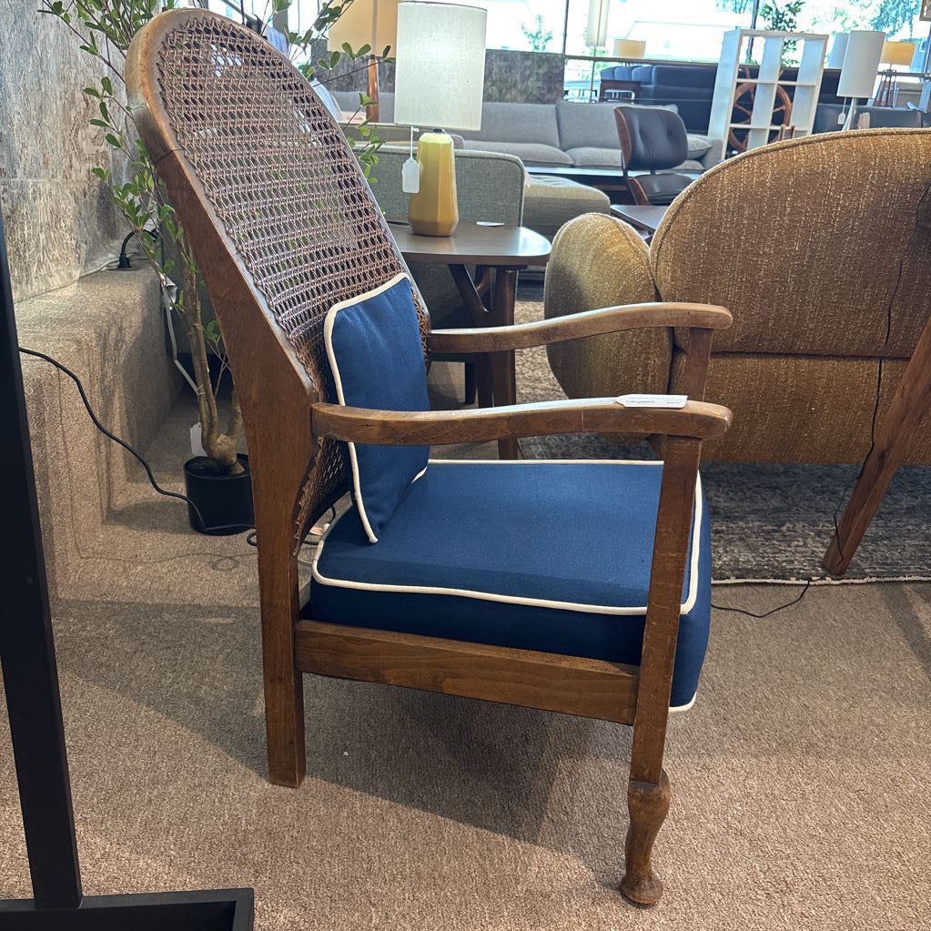 Cane Back Parlor Chair w/ Blue Cushions (AS IS)