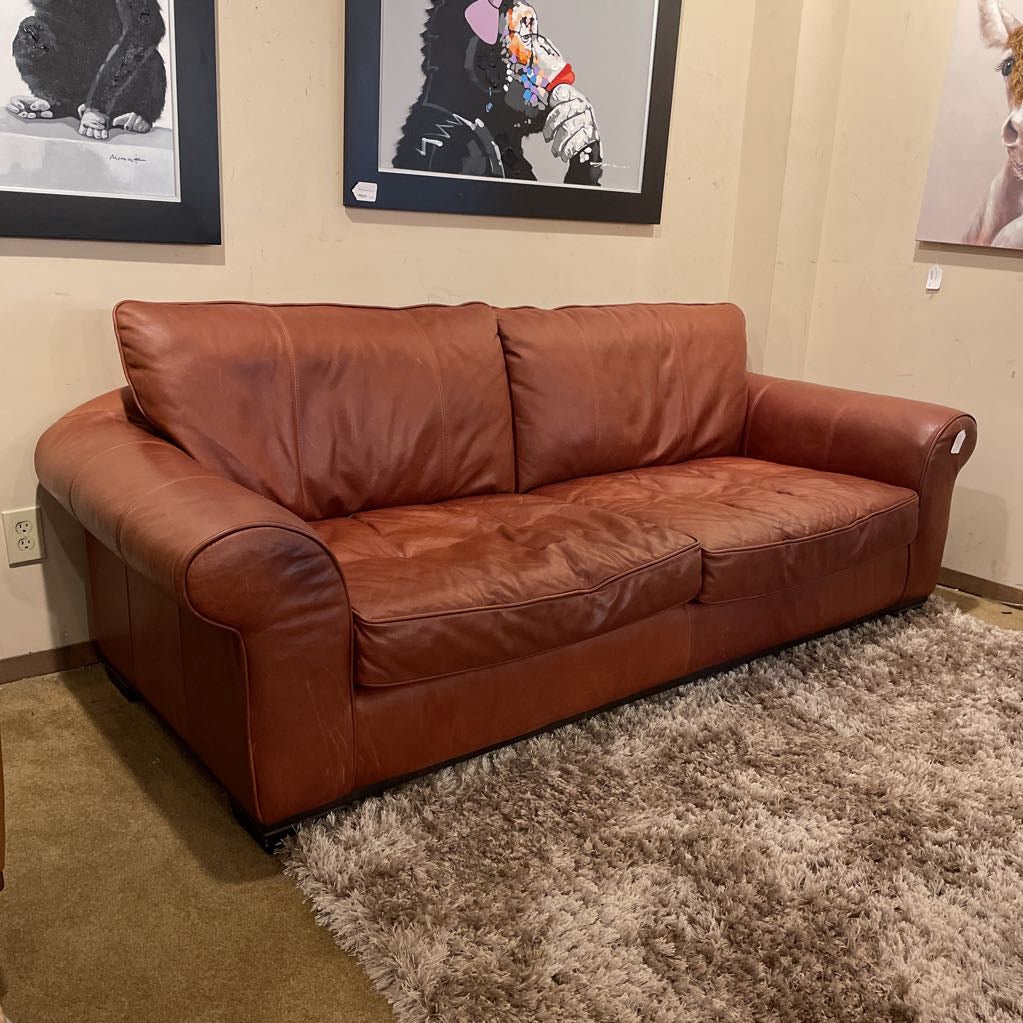 2 Seat Rusty Brown Leather Rolled Arm Sofa