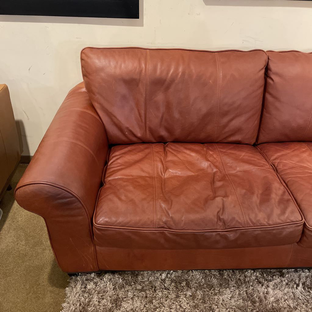 2 Seat Rusty Brown Leather Rolled Arm Sofa