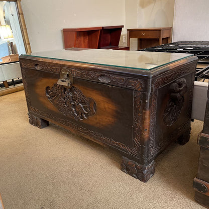 Ornate Carved Campfor Wood Chinese Chest w/Glass Dust Cover