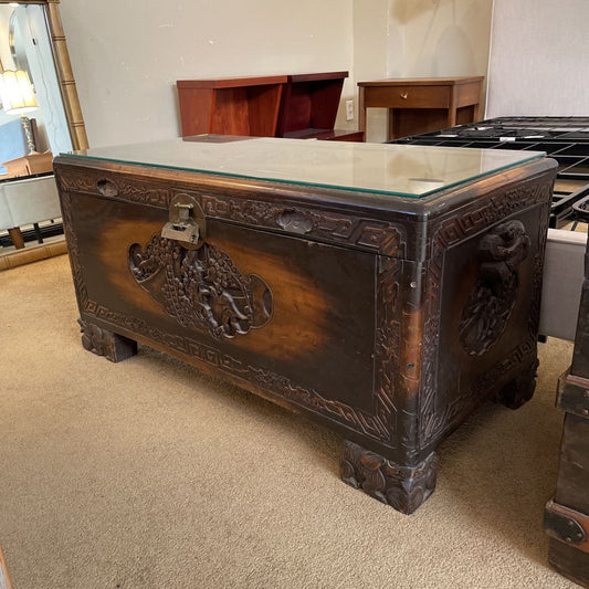 Ornate Carved Campfor Wood Chinese Chest w/Glass Dust Cover