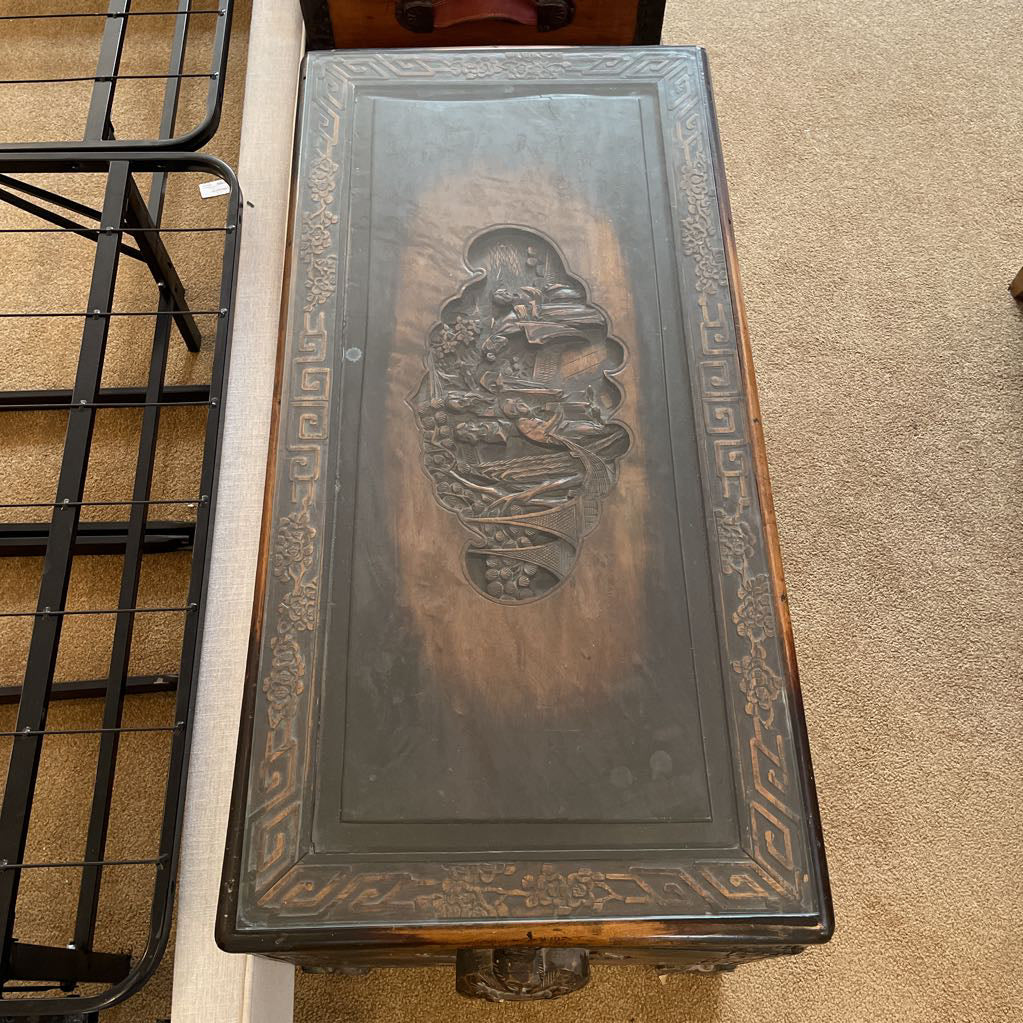 Ornate Carved Campfor Wood Chinese Chest w/Glass Dust Cover