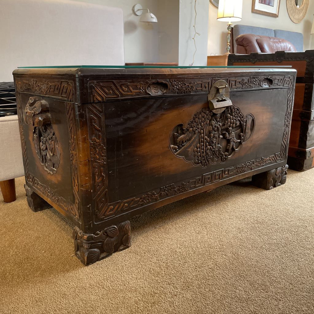 Ornate Carved Campfor Wood Chinese Chest w/Glass Dust Cover