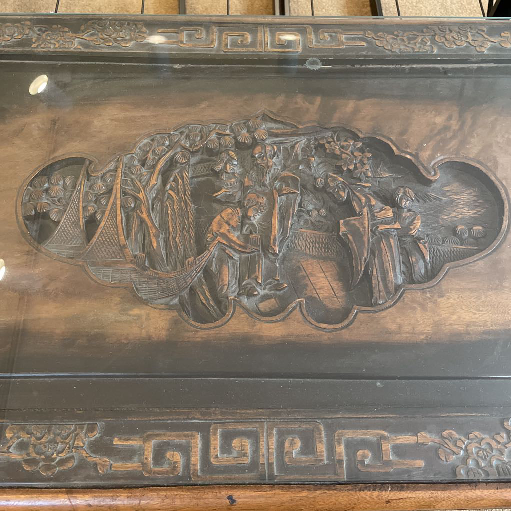 Ornate Carved Campfor Wood Chinese Chest w/Glass Dust Cover