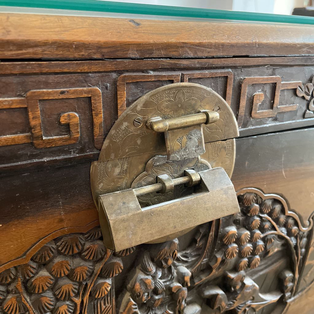 Ornate Carved Campfor Wood Chinese Chest w/Glass Dust Cover